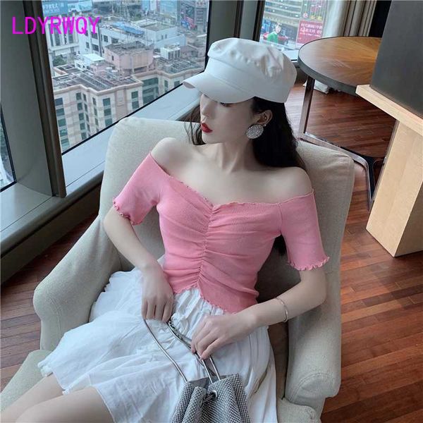 

summer word collar strapless folds slim slimming solid color wild short short-sleeved t-shirt women, White