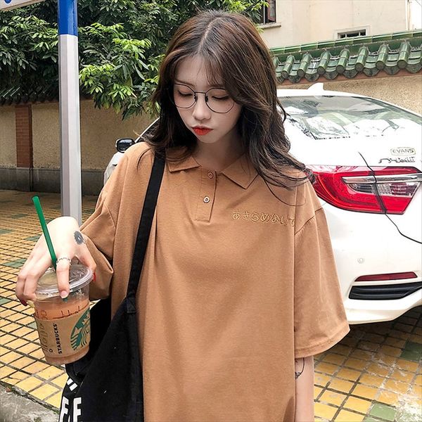 

cotton 2019 embroidery polo lapel short-sleeved t-shirt women's shirt clothes women's clothing, White