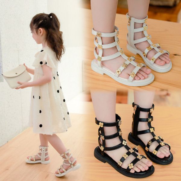 

korean new girls pu leather flowers rivets roma gladiator fashion shoes children vintage summer shoes, Black;red