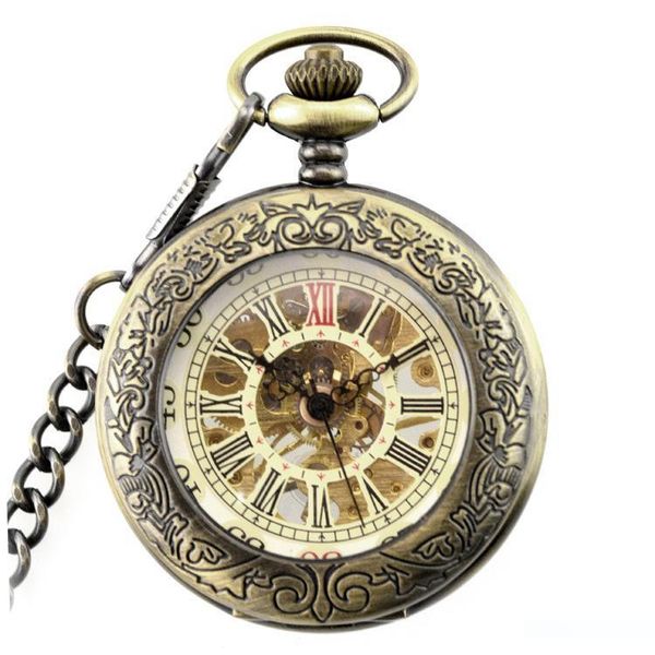 

brand fashion casual stainless steel men pocket watch skeleton dial bronze hand wind mechanical pocket watch fob chain, Slivery;golden