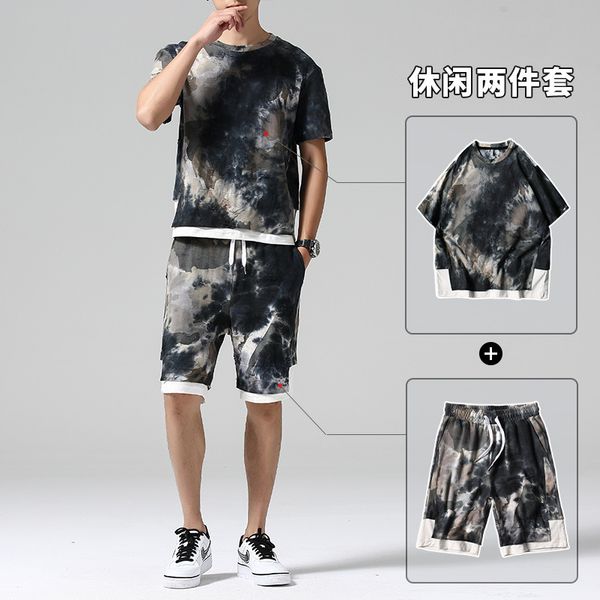 

men's fashion camouflage short sleeve two piece set 2020 summer new korean youth pure cotton leisure sports suit, Gray