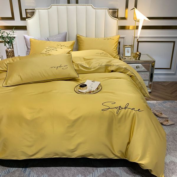 

4pcs gold bedding set includes duvet cover flat sheet fitted sheet pillowcases without filler 100% 60s cotton luxurious