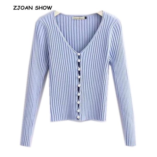 

2019 spring new stylish knitting single breasted pearl cardigan sweater woman deep v-neck long sleeve jumper kleding jerseis s19802, White;black