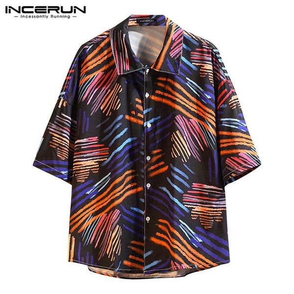 

incerun fashion men chic print half sleeve lapel shirt vacation hawaiian beach streetwear baggy button mens casual summer blouse, White;black