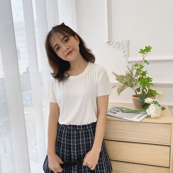

solid t- color female t-shirt 2020 multicolor rainbow short sleeve female versatile slim shirt, White