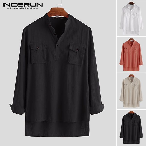 

incerun men cotton shirt stand collar long sleeve solid color brand fashion double pockets blouse streetwear casual shirts men, White;black