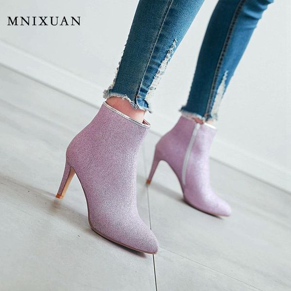 

mnixuan spring autumn square high heels ankle boots 2019 women shoes pointed toe zipper purple boots black booties big size 10