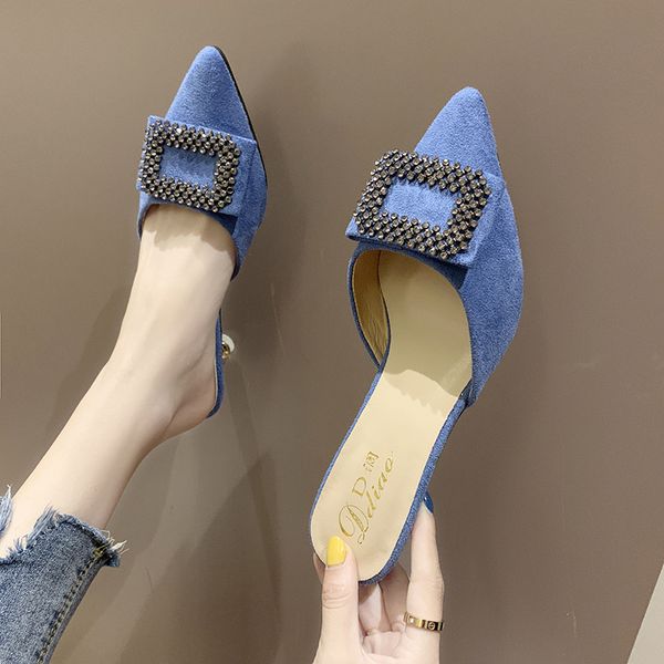 

shoes shallow womens slippers outdoor luxury slides med pointed toe jelly flip flops pantofle flock thin heels heeled mules, Black