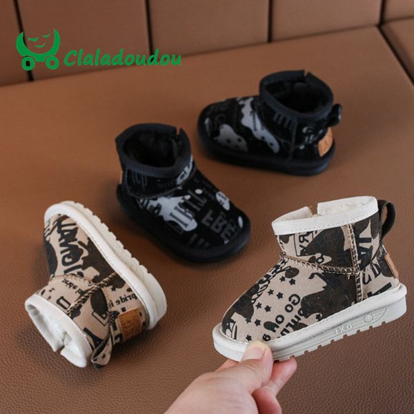 

claladoudou 12-14cm brand genuine leather snow boots baby girls boys warm plush winter shoes toddler girl winter boots 0-2y, Black;grey