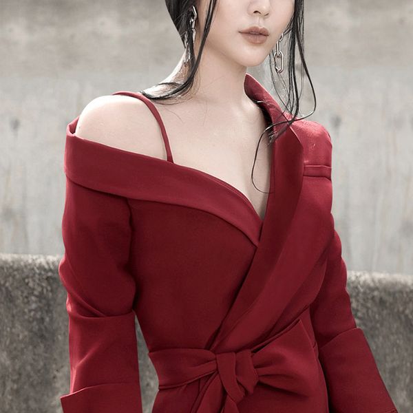

elegant office ladies cloak blazer belt dress women vintage long sleeve spring autumn party club women's dresses, White;black