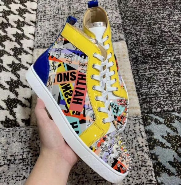 

2019 new season red bottom high cut orlato men's flat fashion sneakers nicograf printed patent leather luxury sole red shoes, Black