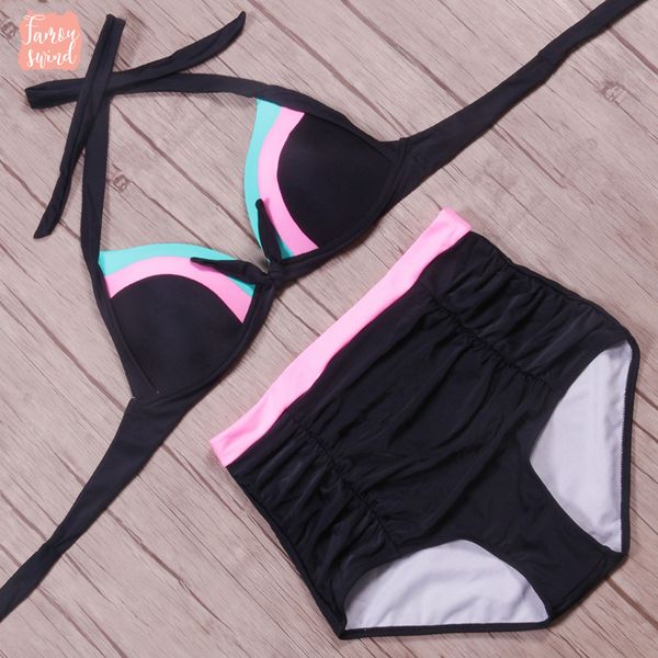 

high waist bikini swimsuit push up women bikiny swimwear 2019 halter patchwork neon bathing suit swim wear, White;black