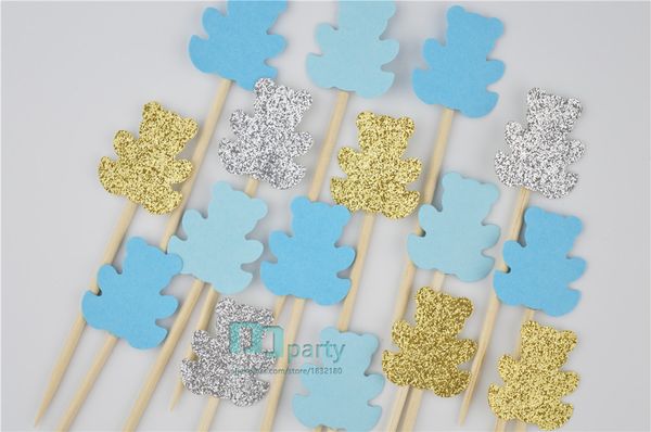 

40pcs bear cupcake ers, baby shower ers, cupcake ers,blue ers, baby shower tags, bear food picks, cupcake picks
