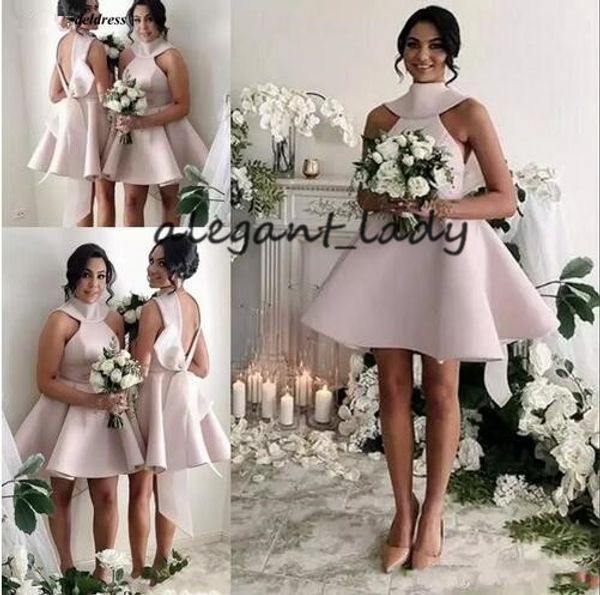 

short pale pink bridesmaid dresses high neck bow a line mini satin maid of honor party gowns vestidos de fiesta de noche, White;pink