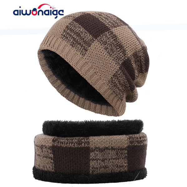 

classic plaid men's hat scarf 2 piece men and women winter hat outdoor warm knit scarf cover plus velvet thicken men's pea, Blue;gray