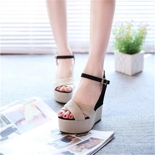 

peep toe leisure buckle platform wedges sandals women basic mixed colors summer ladies shoes super high front rear strap sandals, Black