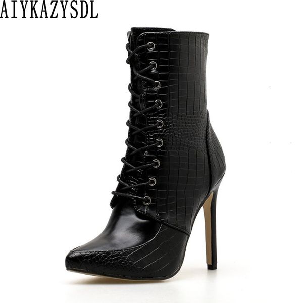 

aiykazysdl women lace up ankle boots texture faux leather shoes bootie ridding knight boots high heel stilettos plus size, Black