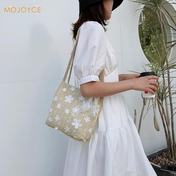 

women lace flower handbag classic texture creative design chic leisure purse girl straw weave elegant beach tote shoulder bag