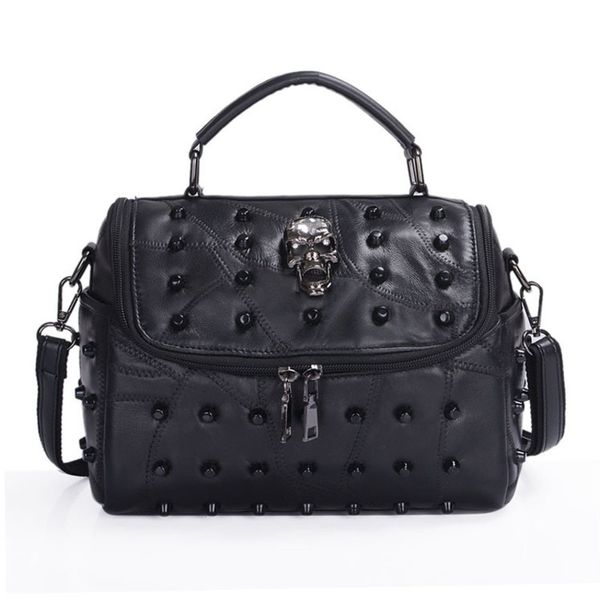 

jierotyx women real split sheep leather messenger bag rivet skull tote handbag travel crossbody bolsas femininas black gothic