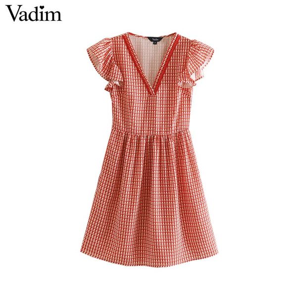 

vadim women sweet print mini dress ruffled stylish v neck female cute a line summer dresses vestidos qc088, Black;gray
