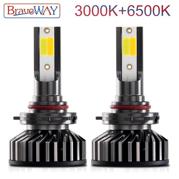 

braveway 3000k+6500k h7 led h1 h8 h11 led bulb auto headlight bulbs for cars 10000lm 72w 12v 24v yellow+white kit dual color