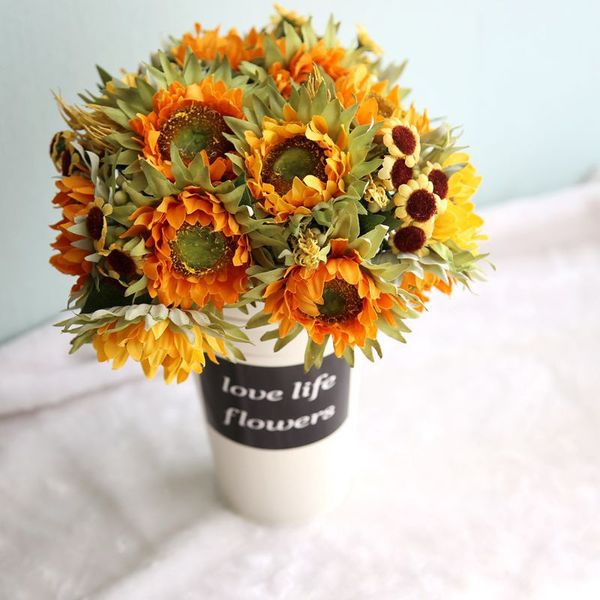 

5 heads yellow silk sunflower artificial flowers bouquet wedding holding flowers fake for home office party decoration