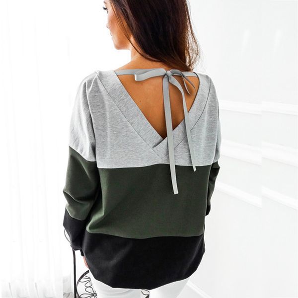 

womens clothes woman sweatshirt backless bandage lace up sweatshirts women autumn striped patchwork pullovers casual long sleeve, Black