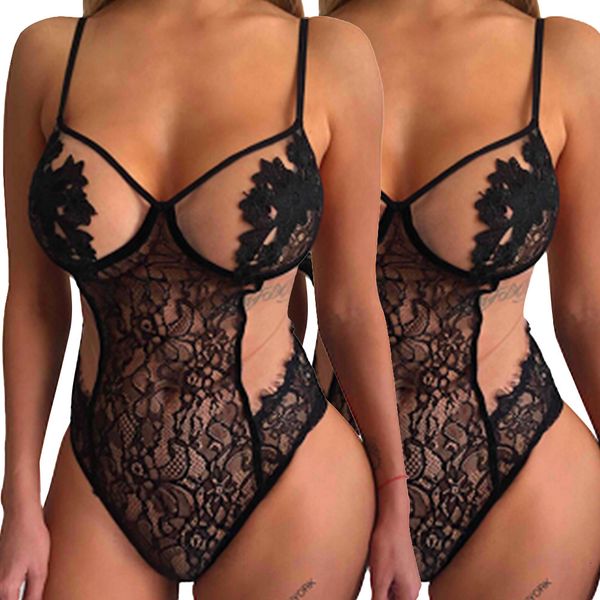 

женская одежда 2019 sexy марлевые перспективный треугольник сиамские брюки lace crochet камзол цельный одежда, Black;green