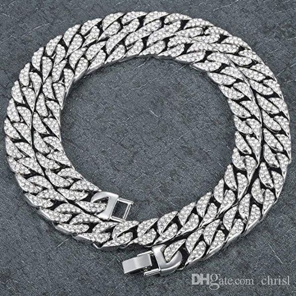 

mens womens necklace chain hiphop iced out curb cuban white gold plated clear rhinestones necklace 18-30inch, Silver