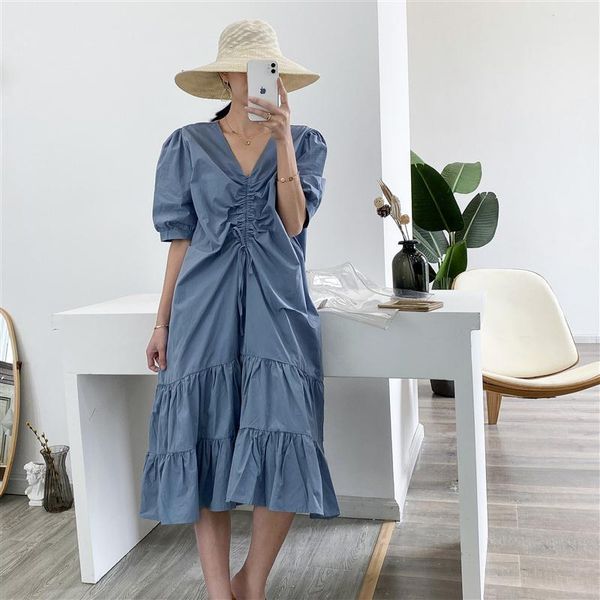 

casual dresses full blue korean fashion women's plain drawstring v-neck short-sleeve dress cotton midi expandable skirt, Black;gray