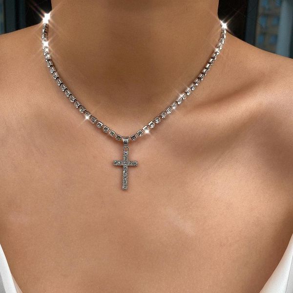 

diezi fashion cross pendant necklaces collar vintage full rhinestone chain choker necklaces women men 2020 new statement jewelry, Silver
