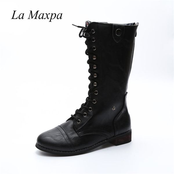 

la maxpa 2018 pu leather women boots lace-up zipper shoes botas feminina female fashion motorcycle mid-calf boots women mujer, Black