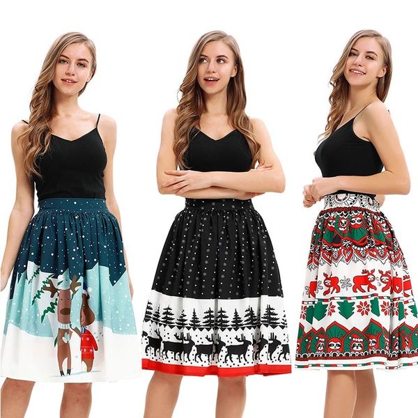 

девушки рождественский снег elk санта-клауса printed короткая юбка леди x-mas carnival партия vintage flared skater юбка костюм для женщин, Black