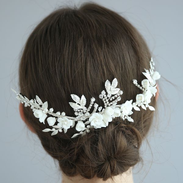 

antique silver clay flower bridal hair comb vine crystal leaves wedding headpiece handmade party prom hair jewelry brides, Golden;white