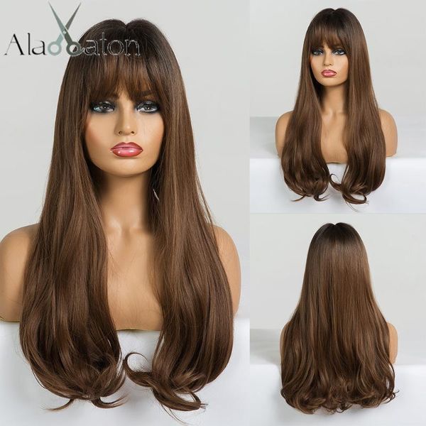 

alan eaton long wavy synthetic wigs with bangs for black women african american ombre black brown cosplay heat resistant hair