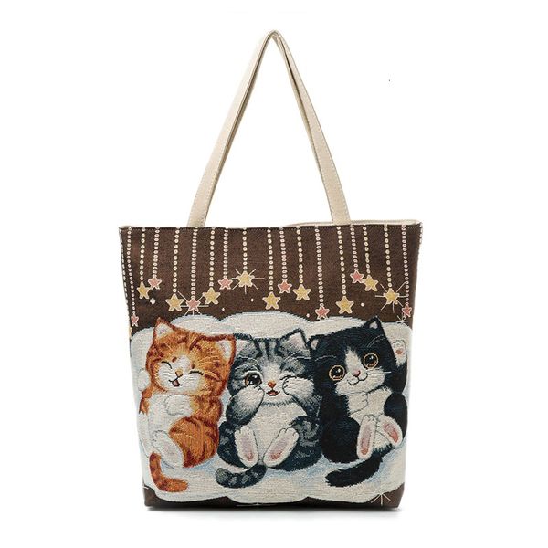 

cute cats print canvas shoulder bag women large capacity embroidery handbag female shopping bag summer beach bag lady