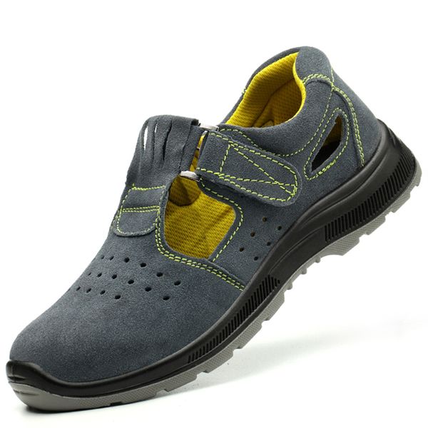 

mens casual breathable large size steel toe covers work safety shoes cow suede leather worker sandals platform security boots, Black