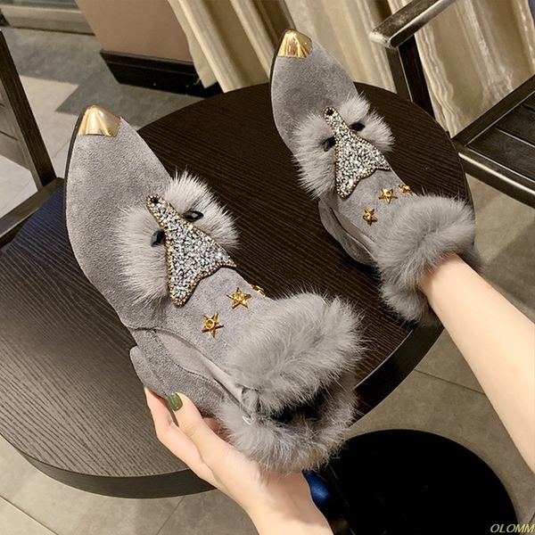 

pattern winter flat loafers women metal pointed toe glitter fur moccasins brand design ballet flats ladies shoe, Black