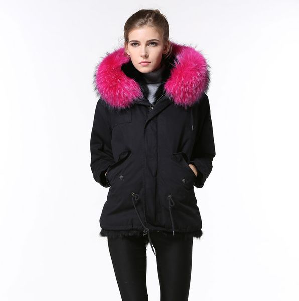 

elegant black warm thick fur jacket winter women rose red raccoon fur collar short parka