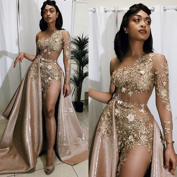 Side Split 2020 Prom Kleider Sexy Arabisch Gold Spitze Perlen Langarm Abendkleid Party Kleid Robe De Soiree