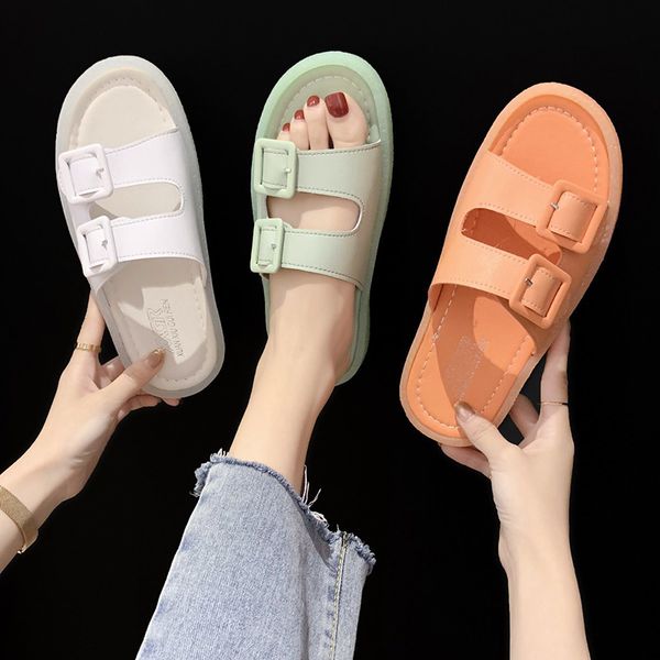 

shoes women rubber slippers luxury slides pantofle transparent heel low soft designer 2020 flat buckle strap fashion basic pu, Black