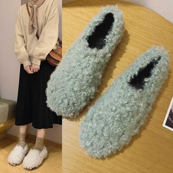 

2019 winter women flats faux lambswool loafers warm slip on flat shoes woman slipper plush outside home shoes white black n7827
