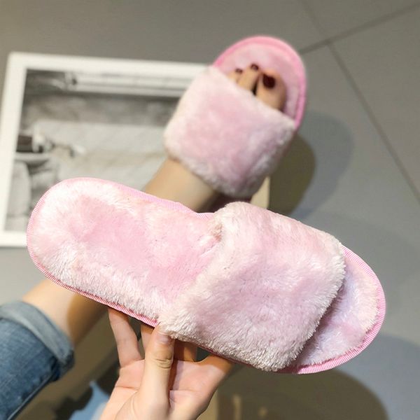 

nice new autumn women concise slippers full of fur warm shoes woman for home use flat heels ladies indoor soft flip flops, Black