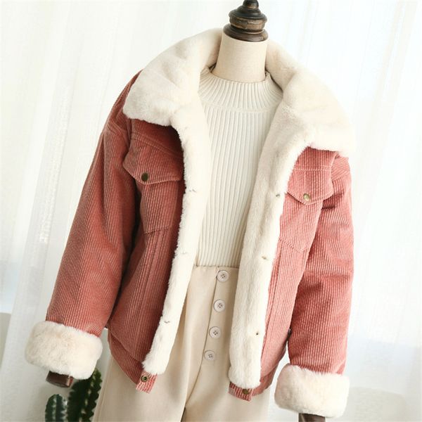

2019 autumn winter fashion women thickened corduroy cotton coats female jacket parkas lady short add velvet coat outwear wz951, Tan;black