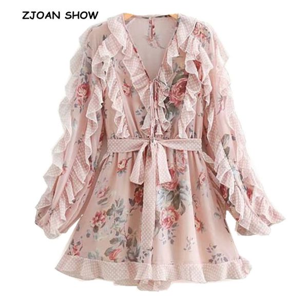 

2019 new spring sweet polka dot floral print jumpsuit pink wood ear ruffles flare long sleeve bow short romper overalls bodysuit, Black;white