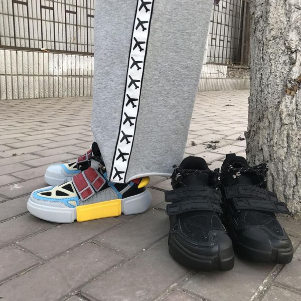 

men's chunky hip hop sneakers dad shoe high platform hook loop shoes classic kanye white leather sneakers tenis masculino, Black