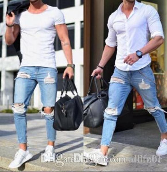

mens jeans skinny light blue holes ripped pencil pants male slim fit long trousers
