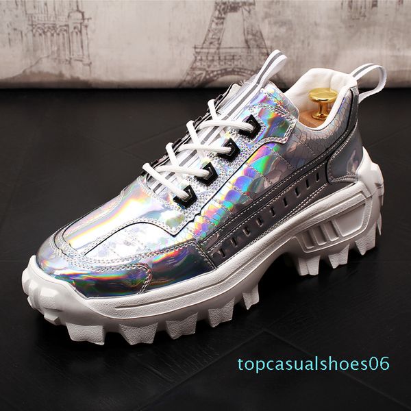 

2020 new men fashion casual shoes autumn bling patent leather thick bottom sneakers male youth trending shoes for web celebrity t06, Black