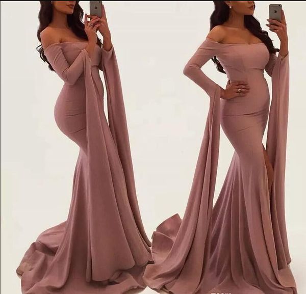 2019 Dusty Rose rosa Off The Shoulder Mermaid Prom Dresses Maniche lunghe Nastri Elegante Scoop arabo turmpet abiti da sera celebrità formale