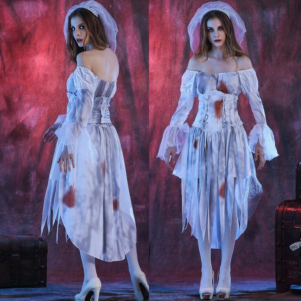 

halloween party призрак невесты костюм платье с лентой цифровой печатается с длинными рукавами белой униформе косплей, Black;red